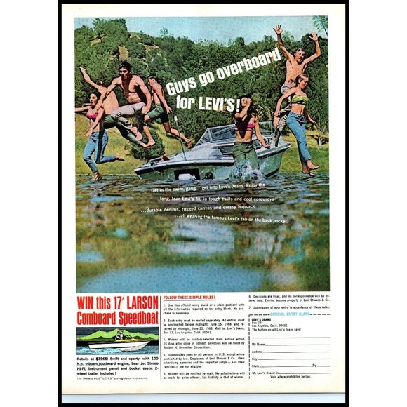 1968 Levi's Jeans Larson Comboard Speedboat Vintage Print Ad Lake Boating Art - Picture 1 of 1